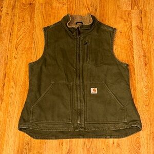 CARHARTT WV001 LOV SHERPA LINED CANVAS VEST OLIVE GREEN LARGE REG
